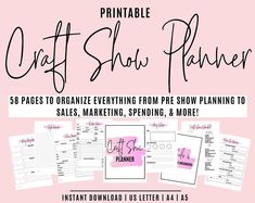 the printable craft show planner is shown with pink and black lettering on it, along with