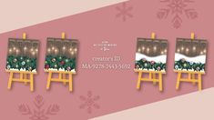 three easels with paintings on them in front of snowflakes and christmas lights