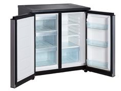 an open black and white refrigerator on wheels