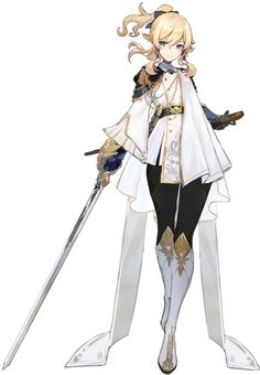 an anime character with long blonde hair holding two swords and wearing white clothing, standing in front of a white background