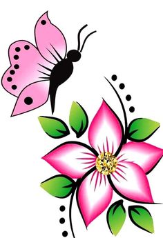 two butterflies flying over a pink flower with green leaves and dots on the bottom side