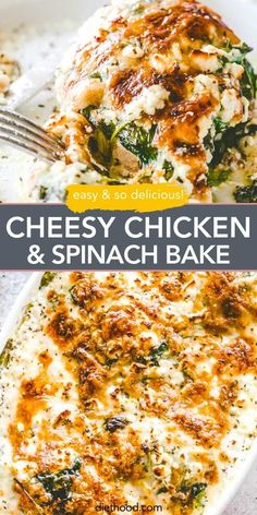 cheesy chicken and spinach bake in a white casserole dish