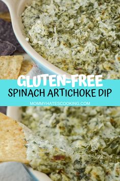 spinach artichoke dip in a bowl with tortilla chips on the side