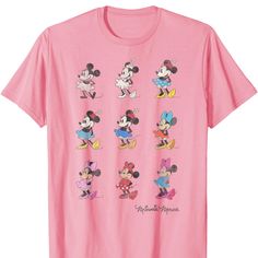 a pink t - shirt with mickey and minnie mouses printed on the front, along with other disney characters