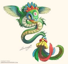 a drawing of a dragon with wings on it's head and tail, holding a ball in its mouth