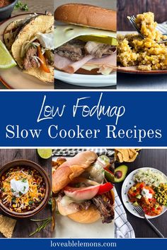 six photos of recipes made in a slow cooker. Crock Pot Low Fodmap Recipes, Low Fodmap Slow Cooker Chicken, Low Fodmap Crockpot Chicken, Crockpot Fodmap Recipes, Fodmap Slow Cooker Recipes, Slow Cooker Low Fodmap, Low Fodmap Potluck Recipes, Easy Low Fodmap Recipes Dinners, Fodmap Crockpot Recipes