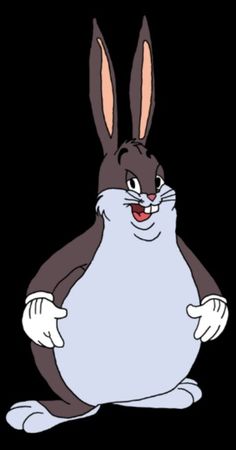 an animated rabbit sitting on the ground with its legs crossed and eyes wide open, in front of a black background