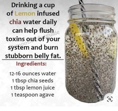 a glass jar filled with chia seeds and lemon juice