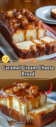 caramel cream cheese bread on a white plate