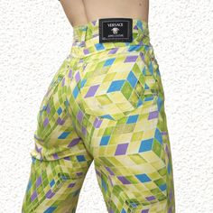 Green Versace jeans  VERSACE high waisted mom jeans - bright green harlequin pattern with Medusa heads - great condition - label says W27" but they measure at W26" so and best fit a UK8, inside leg 31" & total length 41.5", rise 10.5", small amount of stretch, shown on a size 6/W24"/5'5" HELD IN ON THE MODEL IN SOME PICS - price includes postage  Versace jeans  Versace mom jeans  90s jeans High waisted jeans Green jeans Clowncore Kidcore Vintage jeans Clowncore Kidcore, Versace Vintage, Harlequin Pattern, 90s Jeans, Vintage Versace, Green Jeans, High Waisted Mom Jeans, Versace Jeans Couture, Womens Jeans