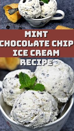 chocolate chip ice cream recipe in a white bowl with mint sprig on top