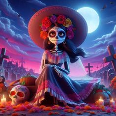 a woman in a mexican dress and hat sitting on a grave with candles around her