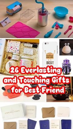 many different items are shown with the words 25 everlasting and touching gifts for best friend