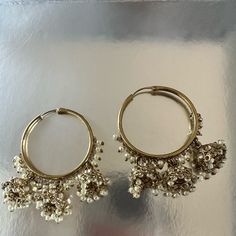 Brand New Indian Hoop Earrings. Lightweight And Medium Size. Gold/White Pearls.