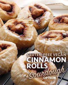 cinnamon rolls on a cooling rack with text overlay reading gluten - free vegan cinnamon rolls sourdough option