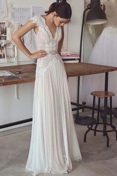 Unique V Neck Cap Sleeves Chiffon Beach Wedding Dress - Wedding Dresses Chiffon Beach Wedding Dress, Wedding Dress With Beading, Floor Length Wedding Dress, Wedding Dress Chiffon, Prom Dresses Two Piece, Stunning Wedding Dresses, Professional Dresses, Modest Wedding Dresses, Dresses Vintage