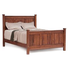 a bed with wooden headboard and foot board, made in the style of an old barn