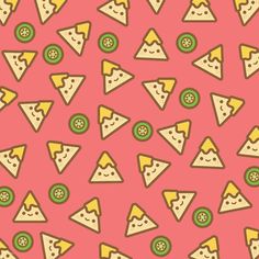 slices of pizza on a pink background with green and yellow circles in the shape of buttons