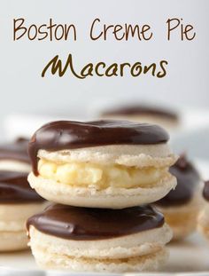 chocolate covered macaroons are stacked on top of each other with the words boston creme pie macaroons above them