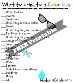 a printable color run game for kids with sunglasses on it and the words what to bring