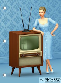 a woman standing next to an old fashioned tv