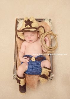 "Adorable photography prop for little baby boys and girls ! This is crocheted with quality yarn. You can choose your colors and add that information at the moment of checkout Newborn 12\"-14\" Care Instructions: To keep your hats looking their best, hand wash in cold water with mild soap, re-shape and let air dry. Thanks for these beautiful photo to: Amanda Marie Artistry www.facebook.com/pages/Amanda-Marie-Artistry/149982451731509?ref=hl www.amandamarieartistry.com" Newborn Cowboy, Cowboy Baby Clothes, Baby Cowboy Hat, Baby Cowgirl Outfits, Baby Boy Cowboy, Baby Cowboy Boots, Clothes Photography, Crochet Costumes