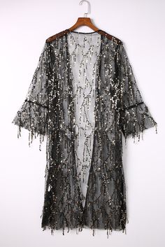 Black 3/4 Bell Sleeve Sequin Sheer Kimono Kimono Online, Sequin Kimono, Sheer Kimono, Always Shine, Sequin Sleeve, Sheer Long Sleeve, Cut Offs, Womens Kimono, Street Look