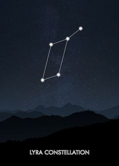 the zodiac sign lyra constellation in the night sky with mountains and stars behind it