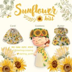 Custom Designs Acnh, Acnh Springcore, Sunflower Goddess, Sunflower Clothing