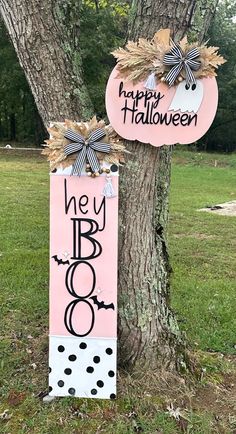 Pink Hey Boo Halloween Ghost Fall door hanger AND Porch leaner This is a SET of 1 -18 inch pumpkin shaped door hanger AND a 48 inch porch leaner.  Entire hanger is laser cut, painted and sealed.  3D layered sign, NO STICKERS OR VINYL HERE!  ABOUT THIS DOOR HANGER: ⚬ Greenery/Bow are included and secured with staples ⚬ Laser cut rounds from maple wood (not MDF). ⚬ Comes with ribbon/rope attached to hang sign ⚬ Back is unfinished ⚬ Wood is sealed so that it is suitable for outdoor use (please see Front Door Halloween, Welcome Front Door, Halloween Front Door, Halloween Door Hanger, Halloween Front Doors, Halloween Door Hangers, Hey Boo, Fall Door Hangers, Boo Ghost