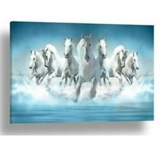 four white horses running in the water on a blue sky background canvas wall art print