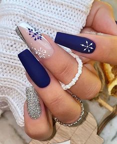 Nails Navy Blue, Nails Navy, Blue And Silver Nails, Holiday Nails Christmas, December Nails, Her Nails