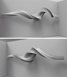 two photographs of wavy white lines on a gray wall, one is curved and the other is curved