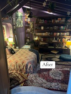 a bed room with a neatly made bed next to a book shelf filled with books