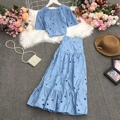 Name: round neck short sleeve short jacket + high waist long flounce skirt, two setsMaterial:blended,embroideredColor:black,blue,white,pinkFeatures:hollow embroideredSize(cm):M,L 1inch=2.54cmM:length:34,bust:78-80,waist:74-76,skirt length:85,skirt waist:68L:length:35,bust:82-84,waist:78-80,skirt length:86,skirt waist:72&ltbr/>&ltp&gtNote:Due to different measurement methods,there will be 1-3 error(unite:cm), please understand.</p>&ltbr/>&ltp&gtPlease check the 80 Skirt, Mood Designer Fabrics, Tight Dress Outfit, Long Skirt Fashion, Traditional Dresses Designs, Modesty Outfits, Short African Dresses, Floral Prom Dresses, Sweet Clothes