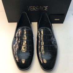 Versace Men Croc Embossed Calfskin Smoking Slipperppcroc-Embossed Calfskin Leather Underscores The Refined Aesthetic Of This Italian-Crafted Loafer In An Elegant Smoking-Slipper Silhouette. Leather Upper, Lining And Sole Made In Italy Designer Shoes Whole Sizes Only; For 1/2 Sizes, Order Next Size Up Versace Shoes, Refined Aesthetic, Versace Mens Shoes, Versace Men, Loafer Shoes, Designer Shoes, Calf Skin, Versace, Men's Shoes