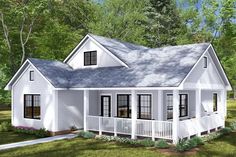 a small white house with porches on the front and side sides, surrounded by trees