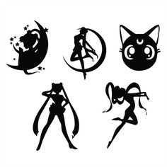 four different silhouettes of cats and women