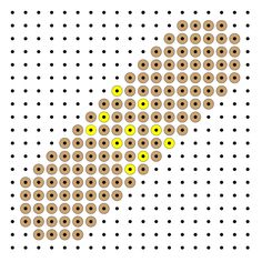 the pattern is made up of circles with yellow dots on each side and black dots at the bottom