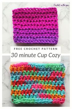 two crocheted squares with the text free crochet pattern 30 minute cup cozy