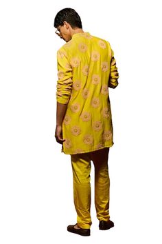 Yellow kurta with floral thread hand embroidery. Paired with a matching plain pant. - Aza Fashions Spring Cotton Traditional Wear With Gota Work, Spring Traditional Cotton Wear With Gota Work, Cotton Pant Set For Designer Wear At Festivals, Spring Floral Embroidered Straight Kurta Bandhgala, Fitted Pant Set With Resham Embroidery And Straight Kurta, Spring Bandhgala With Floral Embroidery And Straight Kurta, Spring Floral Embroidery Straight Kurta Bandhgala, Spring Floral Embroidery Bandhgala Straight Kurta, Unstitched Cotton Pant Set With Zari Work