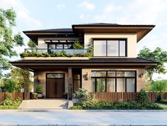 a two story house with lots of windows and balconies on the second floor