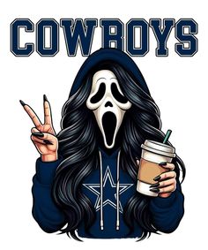 a person wearing a mask and holding a cup with the word cowboys written on it