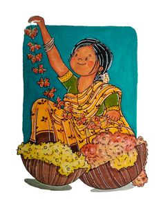 a painting of a woman sitting on top of a basket filled with flowers and butterflies