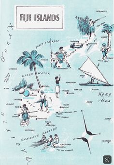 an illustrated map of fiji islands with people on the beach and palm trees in the background