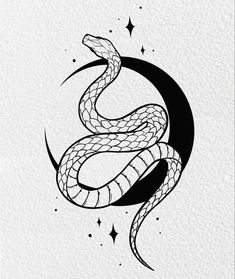 a black and white drawing of a snake on top of a crescent with stars in the background