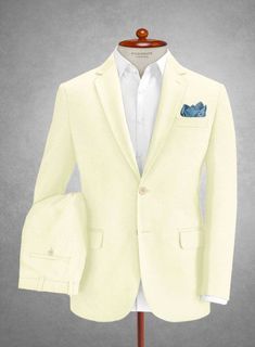 When it comes to looking suave and stylish in those warmer months try our Italian Cream Cotton Stretch Suit that can surely be an excellent go. Crafted from 96% cotton and 4% lycra, the suit features a distinctive tone with a classic cream hue that contributes to creating an understated look that will effortlessly take you from business to evening with professional style and comfort. #studiosuits #mensclothingsyle #italian #cotton Classic Solid Cotton Suits, Fitted Cotton Suits With Pressed Crease, Fitted Beige Cotton Suits, Tailored Beige Cotton Suit, Classic Beige Cotton Suit, Beige Cotton Suits With Welt Pockets, Fitted Cotton Blazer With Pressed Crease, Elegant White Cotton Blazer, Classic Cream Suits For Business Casual