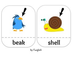 two matching cards showing the opposite words in english and spanish, with an image of a snail