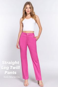 These twill pants have a straight leg fit design with a button closure and flexible fit plus side pockets, button closures, a belt loop and a front zipper. Available in multiple colors. Pink Olive, Pants Details, Chic Pink, Twill Pants, Twill Fabric, Pants Straight, New Arrival Dress, New Wardrobe, Basic Style