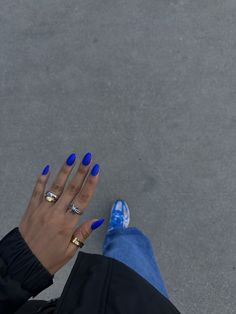 Solid Nail Inspo Acrylic, Nail Ideas Acrylic Royal Blue, Blue Nail Outfit, Chic Blue Nails, Oval Acrylic Nails Blue, Bright Color Chrome Nails, One Solid Color Acrylic Nails, Bright Blue Acrylics, Bright Colored Acrylic Nails